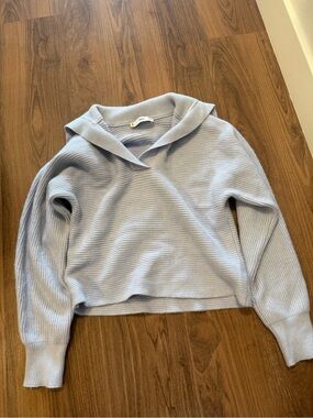 Mango Pale Blue Ribbed V-Neck Collar Sweater